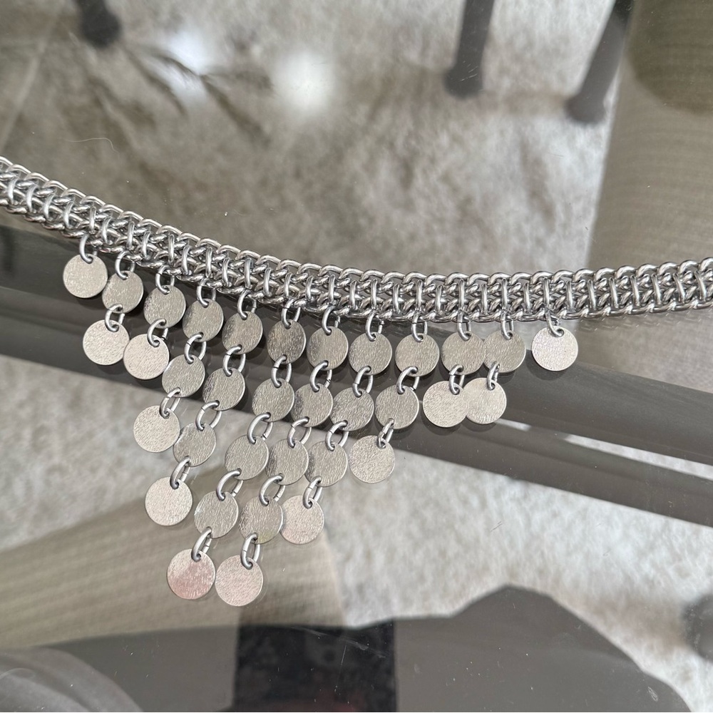 Vintage Signed Sarah Coventry Silver Tone Chain Bib Disc Necklace